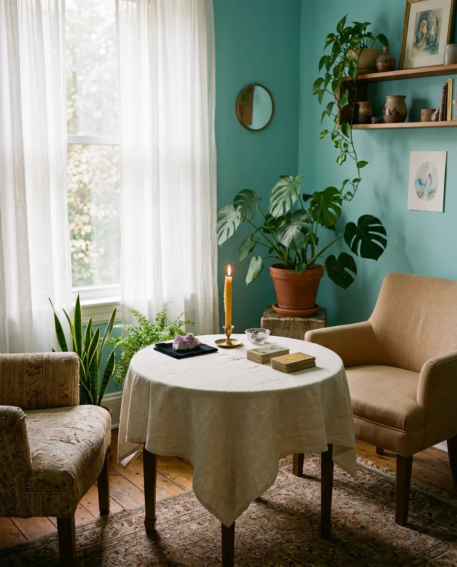 Sunlit psychic reading room with a linen-covered table, candle and two chairs in Petaluma