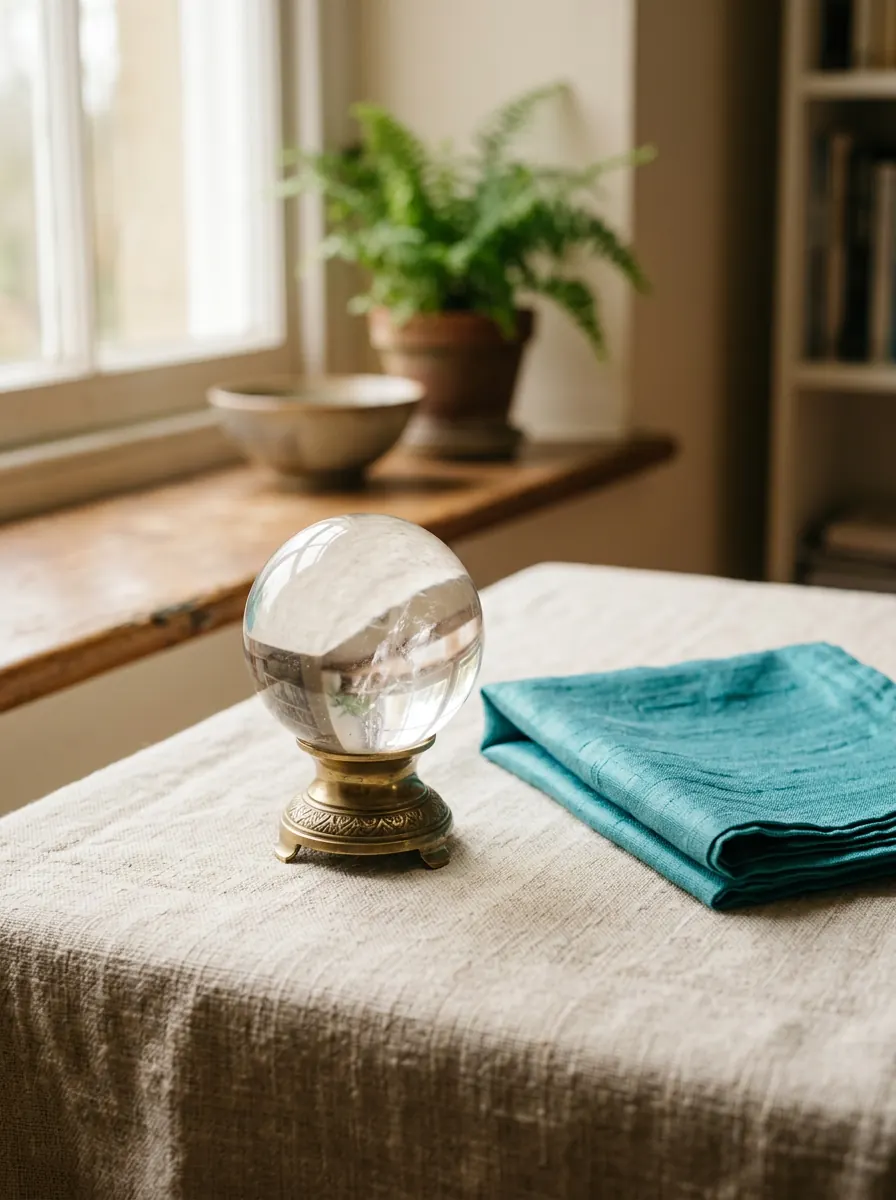 Clear quartz crystal ball on a brass stand in Cristine's Petaluma reading room
