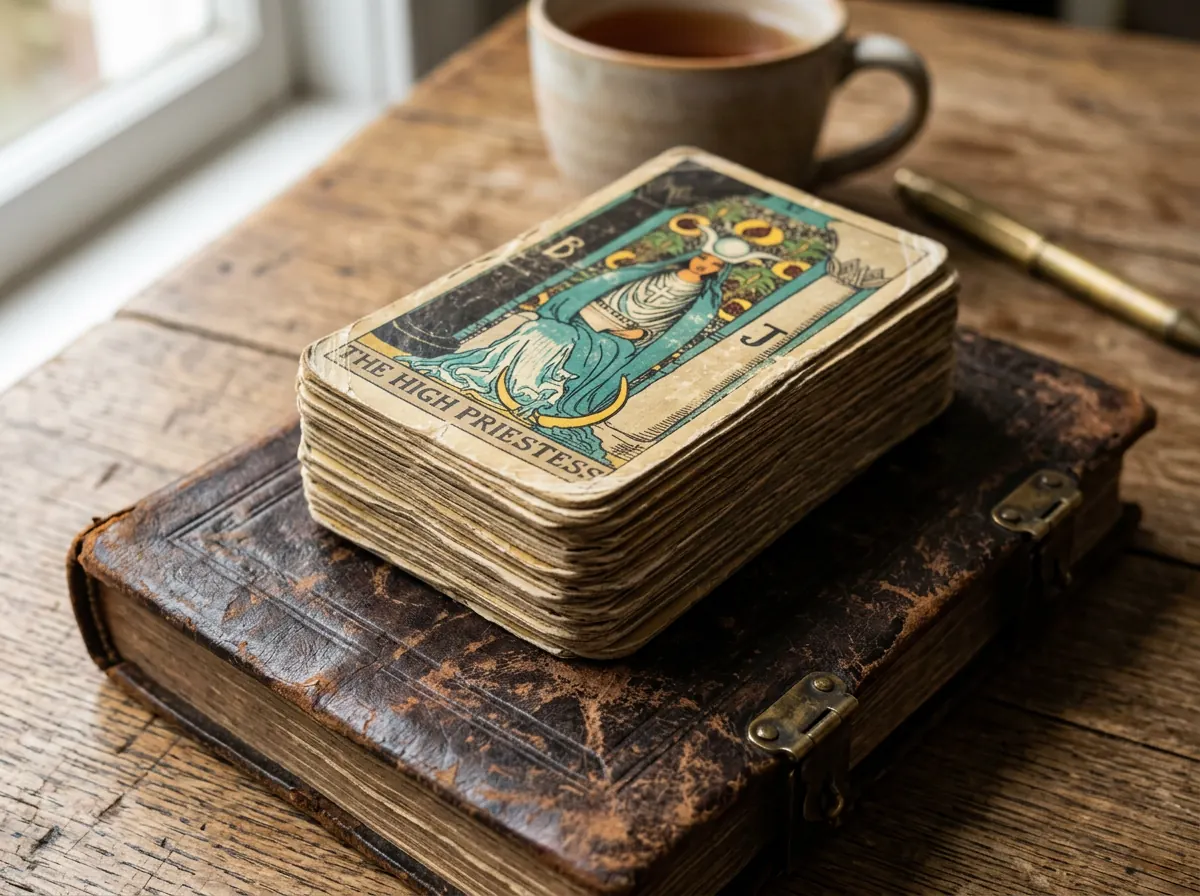 Well-worn antique tarot deck on an old leather journal, showing decades of reading experience