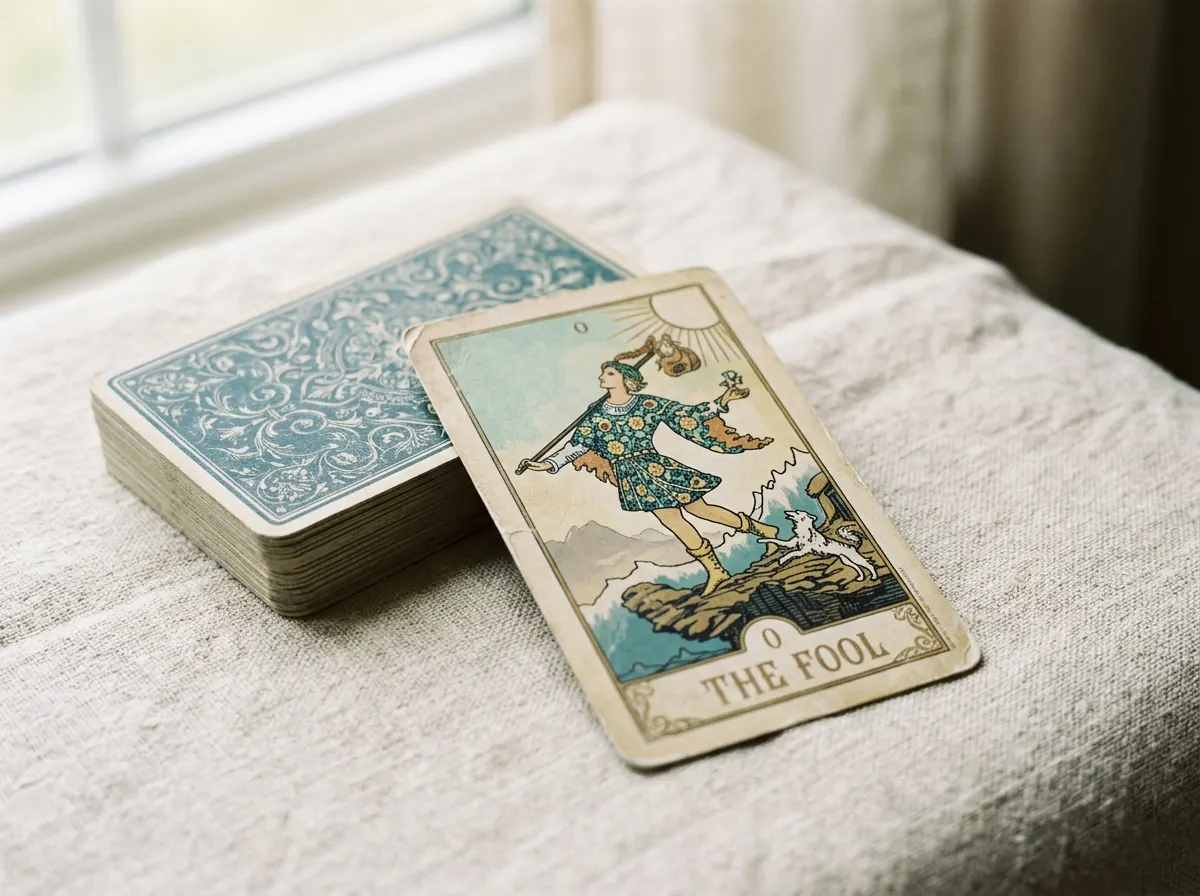 Single tarot card turned face up beside the deck for clear, honest guidance