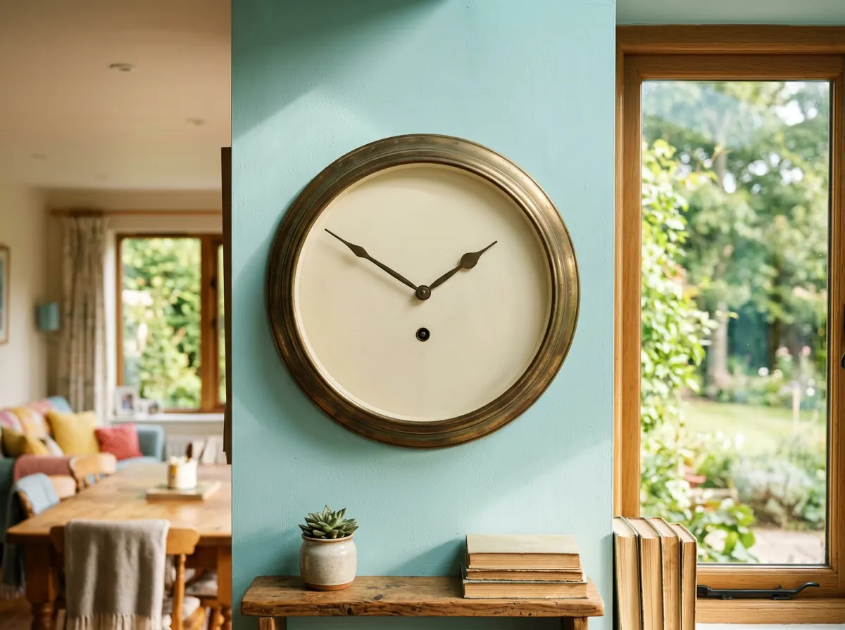 Brass wall clock on a turquoise wall, open seven days a week for readings