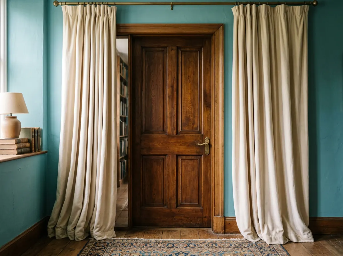 Closed wooden door framed by cream curtains for private one-on-one psychic readings
