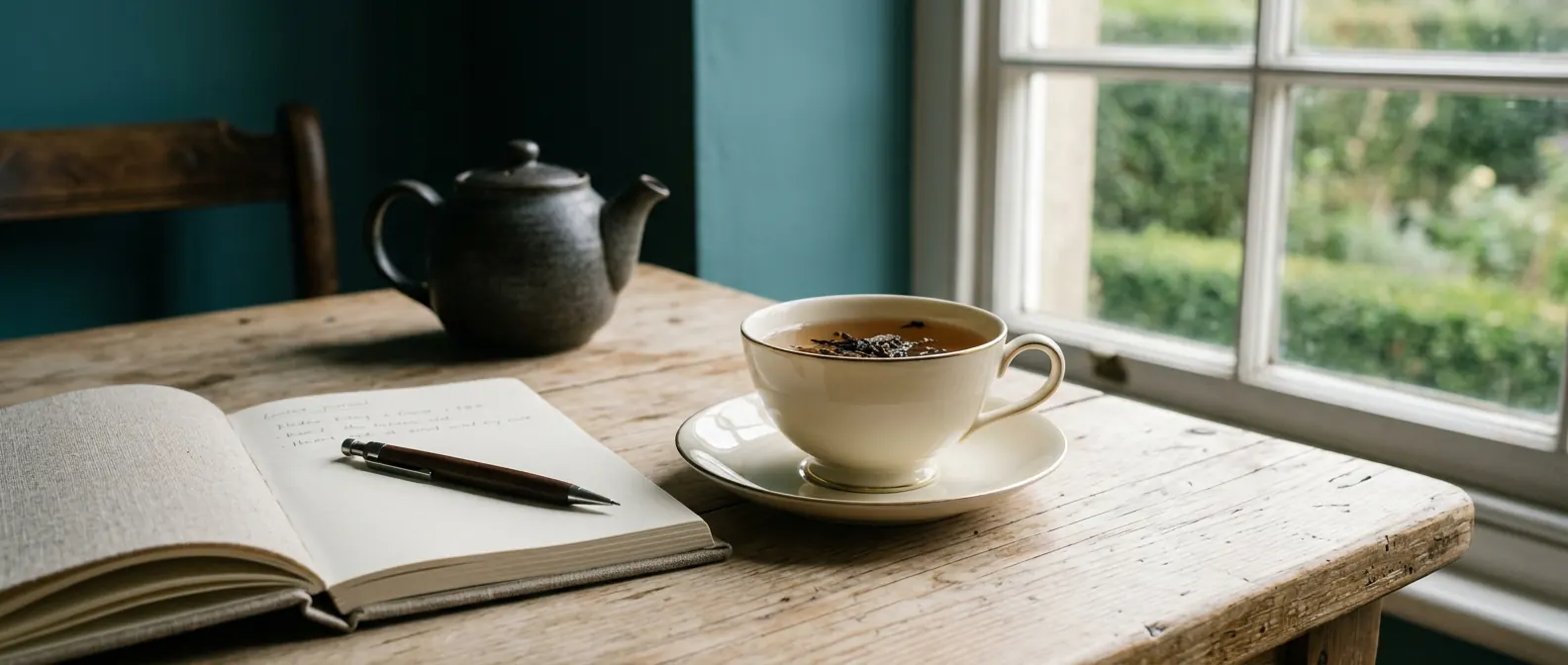 Teacup with tea leaves beside an open journal on a sunlit wooden table