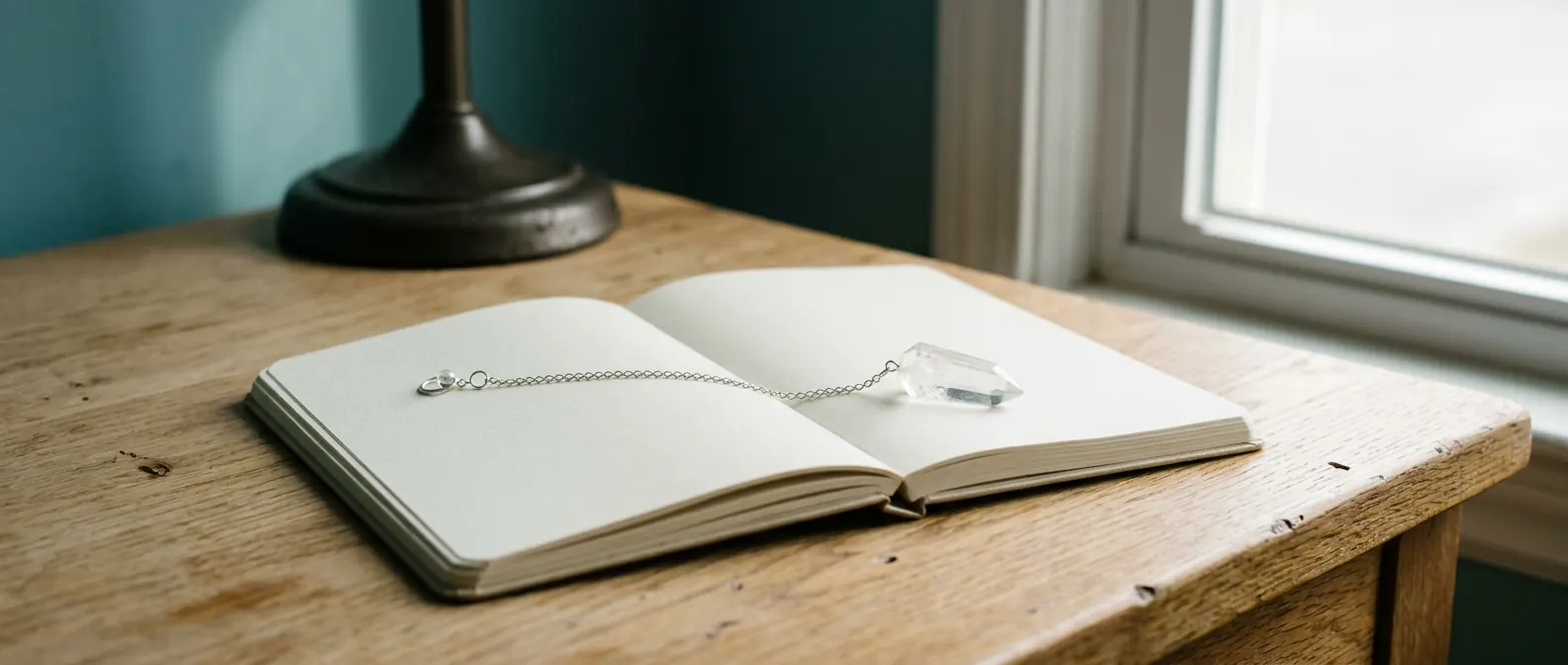 Clear quartz pendulum resting on an open blank notebook by a bright window