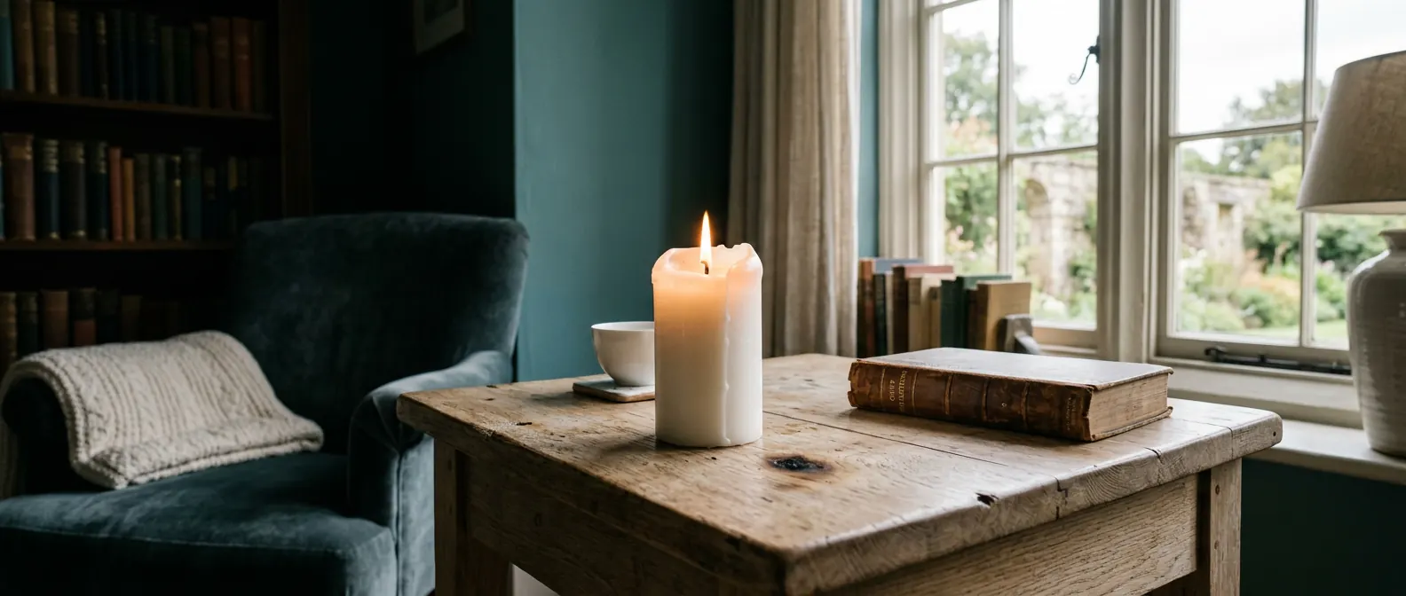 Lit white pillar candle on a wooden side table in a quiet reading room
