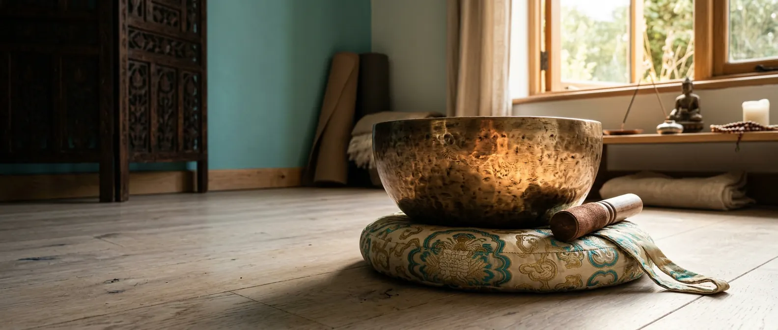 Bronze Tibetan singing bowl and mallet on a cushion in a sunlit meditation room