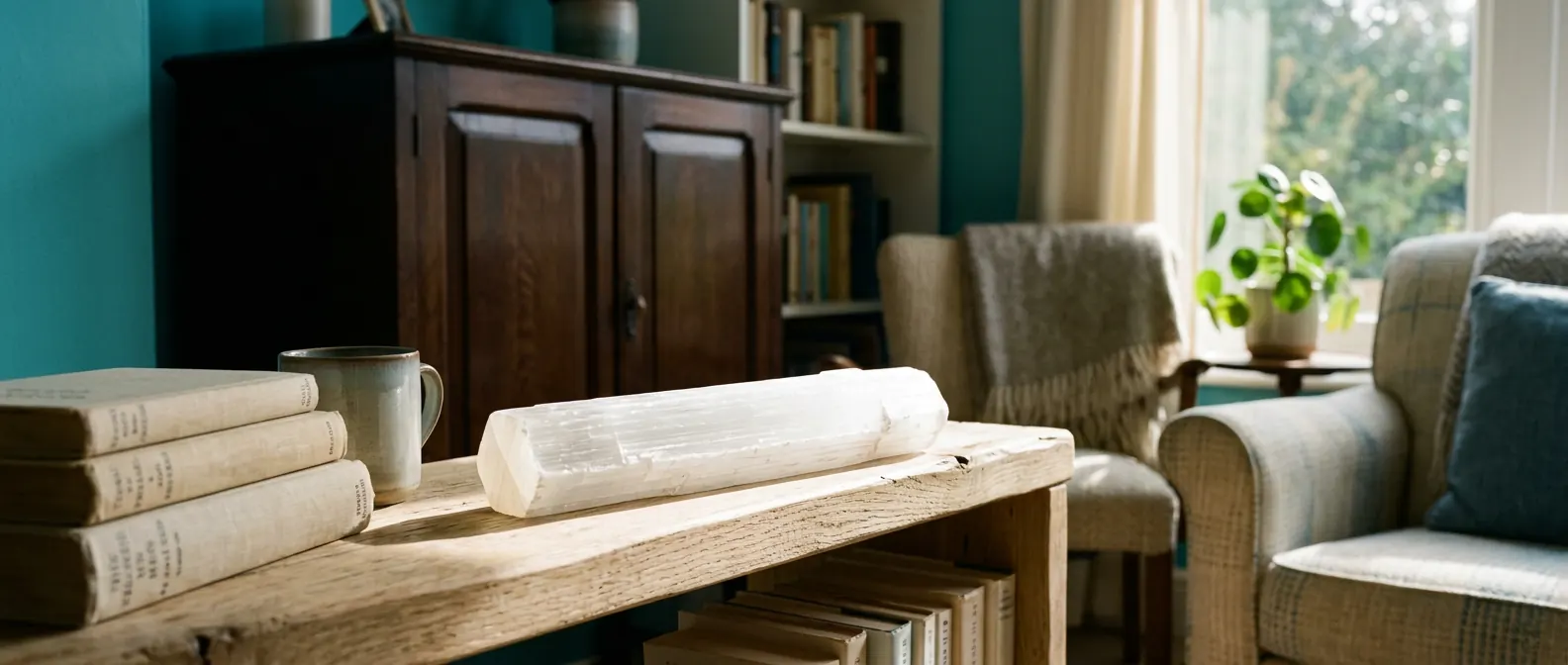 Selenite crystal wand on a sunlit wooden shelf in a calm reading room
