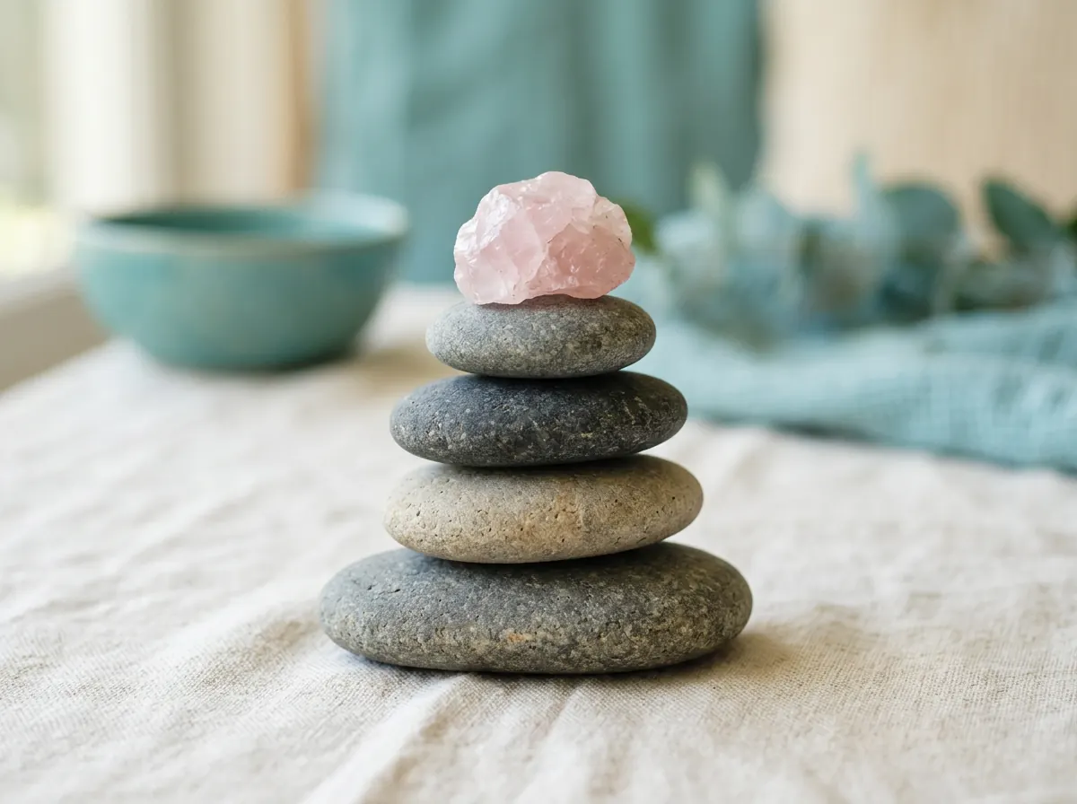 Balanced river stones topped with rose quartz for chakra balancing