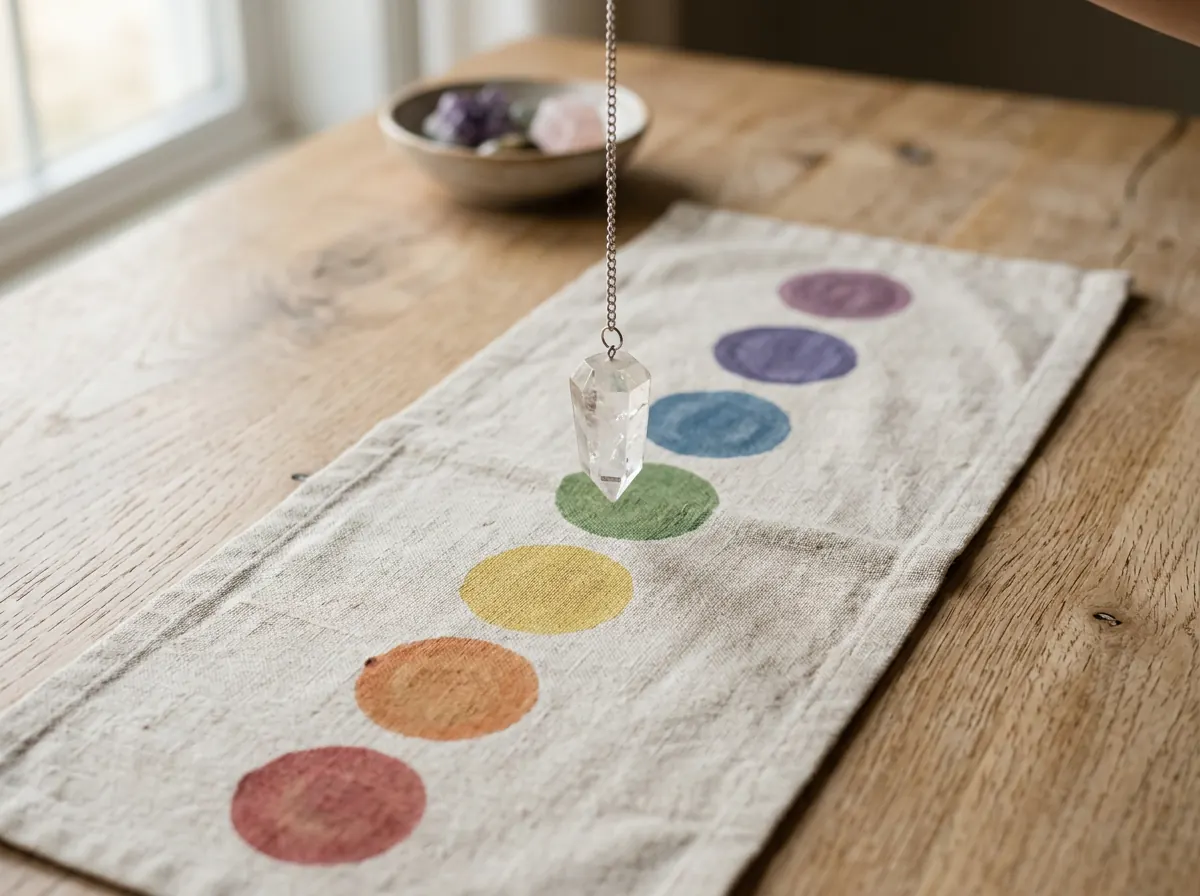 Quartz pendulum swinging over a seven-chakra chart cloth