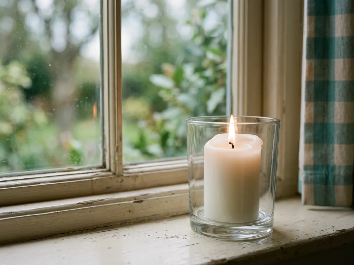 Lit white candle on a windowsill for calm spiritual guidance