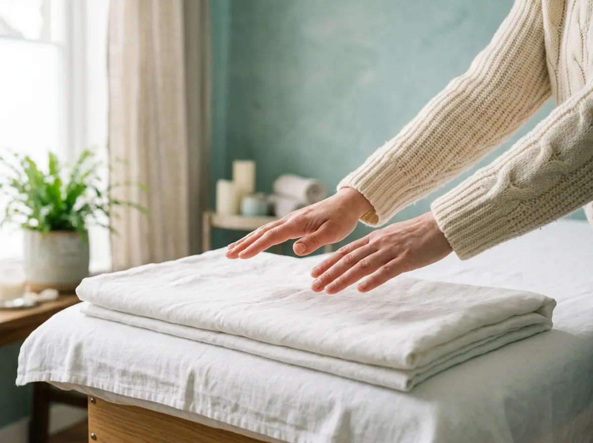Hands in cream knit sleeves hovering over linen for hands-on energy healing