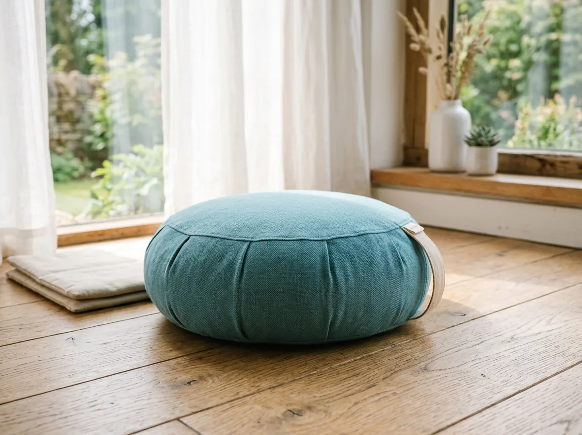Turquoise meditation cushion on a sunlit wooden floor