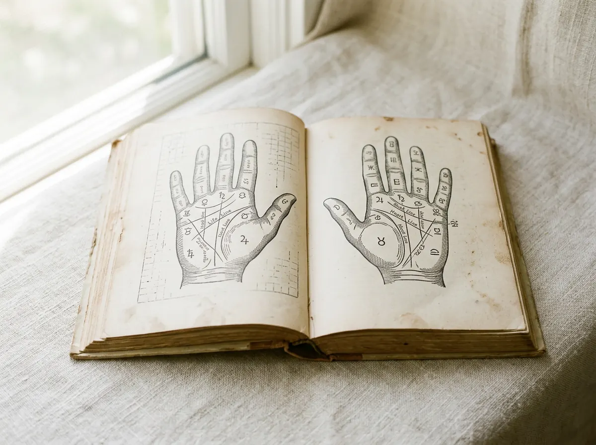 Vintage palmistry book open to hand line diagrams on cream linen