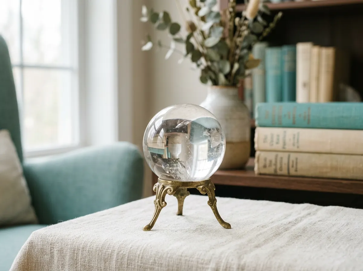 Clear quartz crystal ball on a brass stand for psychic readings in Petaluma
