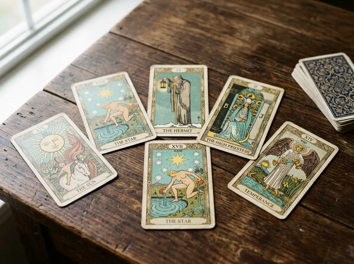 Vintage tarot spread with the Sun, Star and Temperance cards on a rustic wooden table