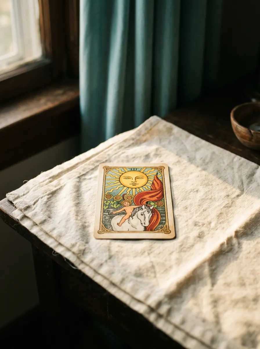 The Sun tarot card face up in warm window light, a symbol of clear guidance