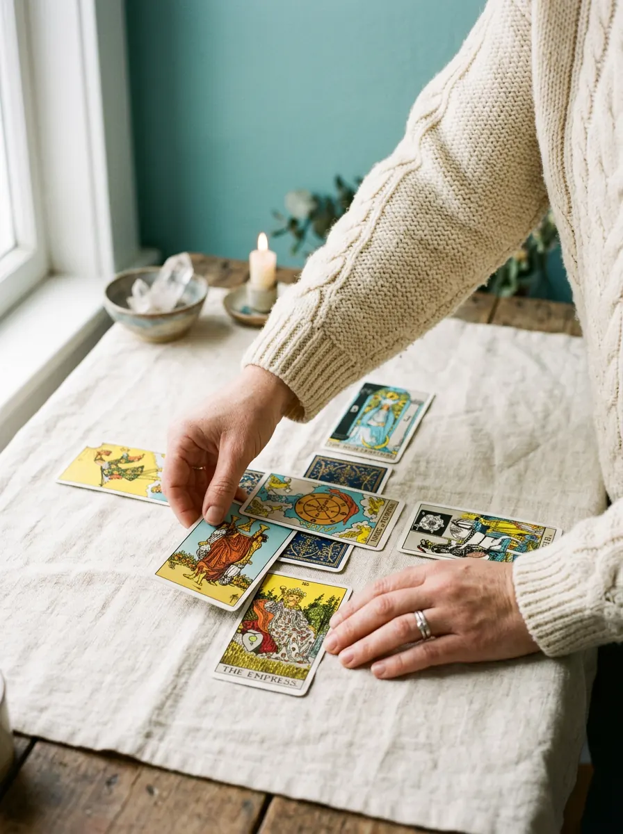 Hands laying out a tarot card spread during a personal psychic reading