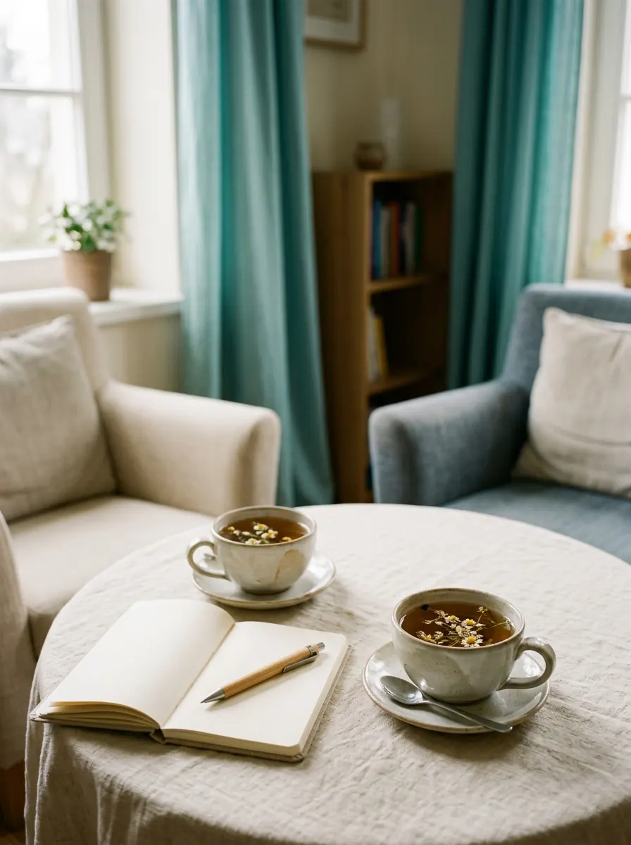 Two cups of herbal tea on a private reading table ready for a calm conversation