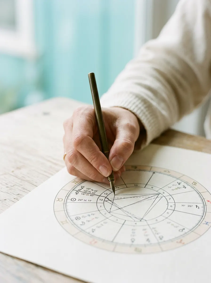 Astrologer marking planetary positions on a birth chart