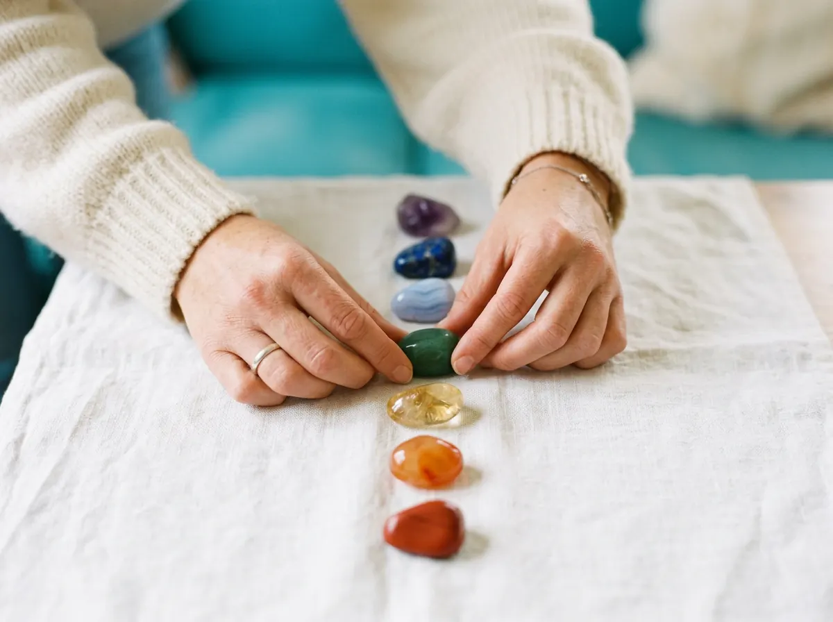 Seven polished chakra stones arranged by hand on white linen
