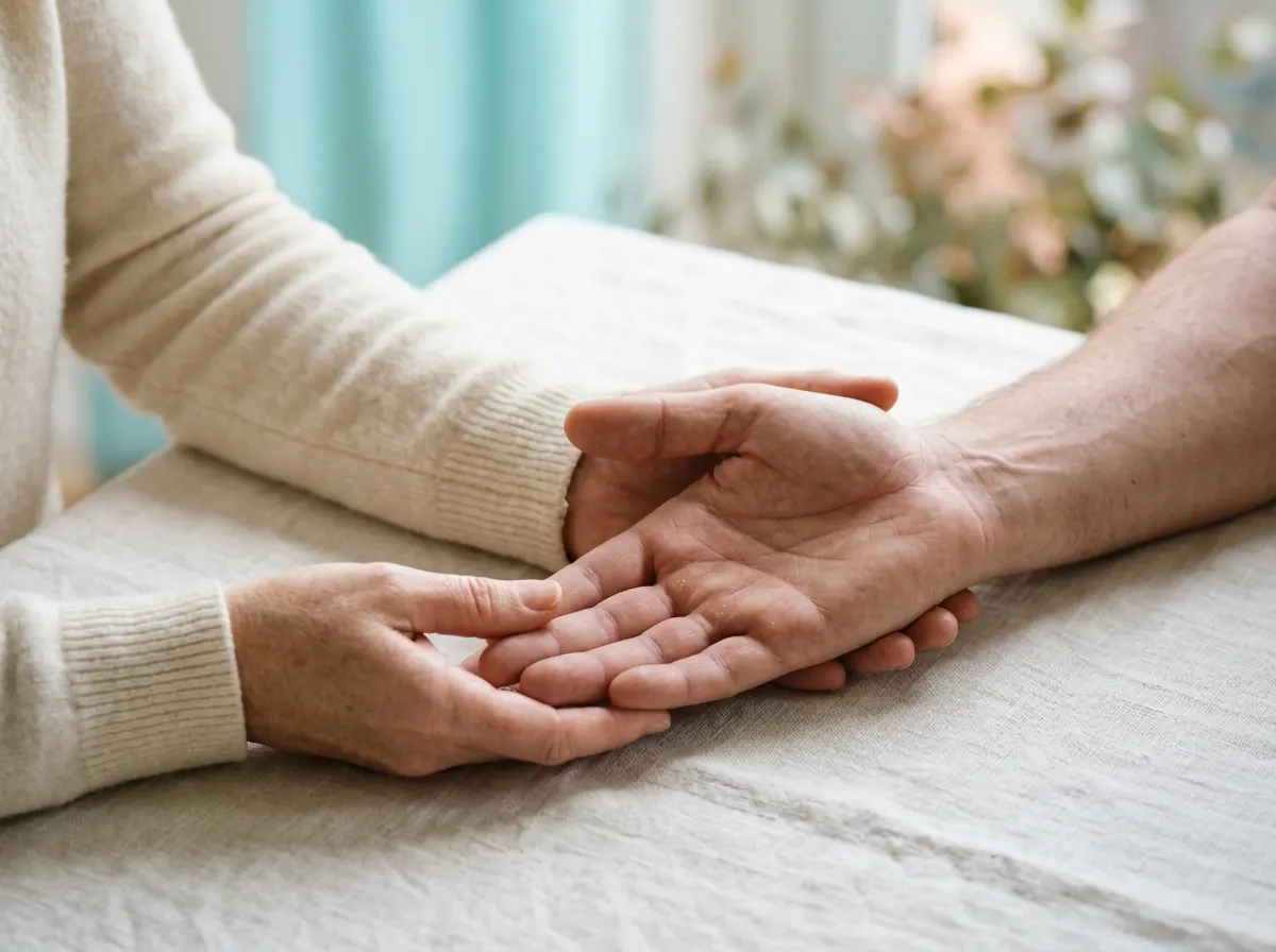Palm reader gently holding a client’s open hand over a linen table