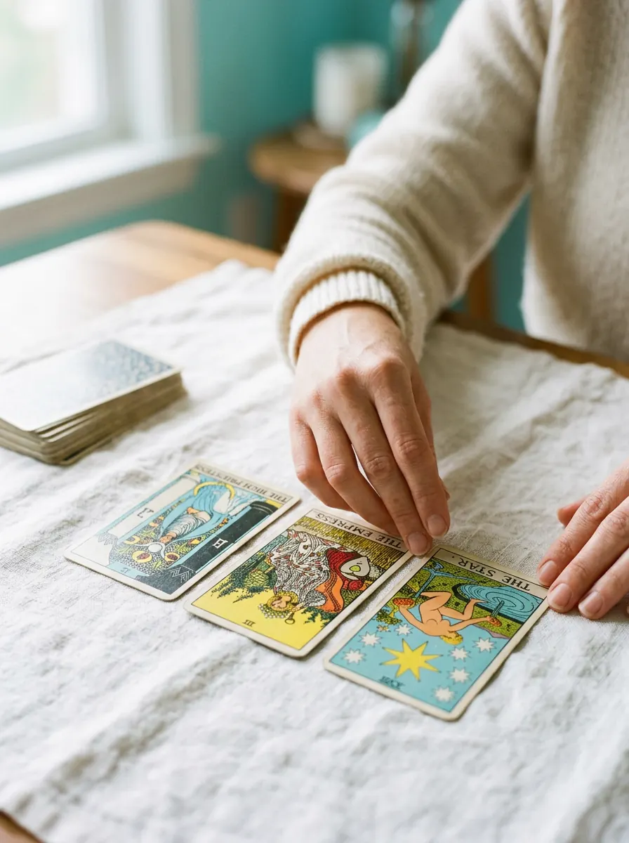 Tarot reader arranging a three-card spread on white linen